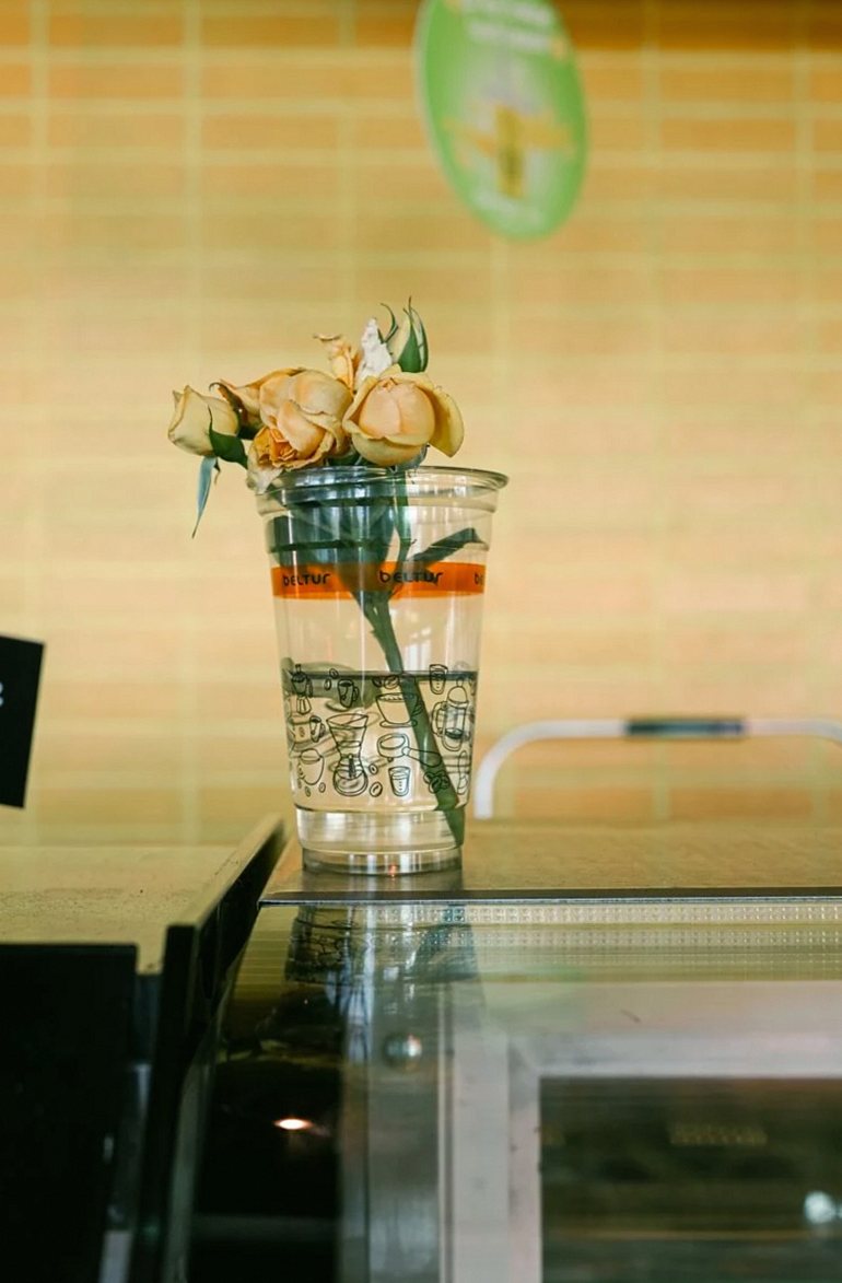 A plastic cup holds withering roses placed on a reflective surface, styled in a still life composition.